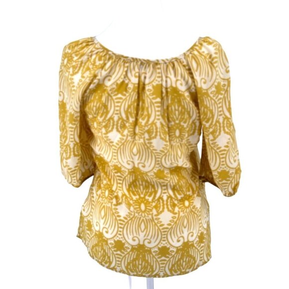 Anthropologie Edme & Esyllte EUC Green & Cream Silk Blouse W/ Floral Embellishme - Picture 4 of 8